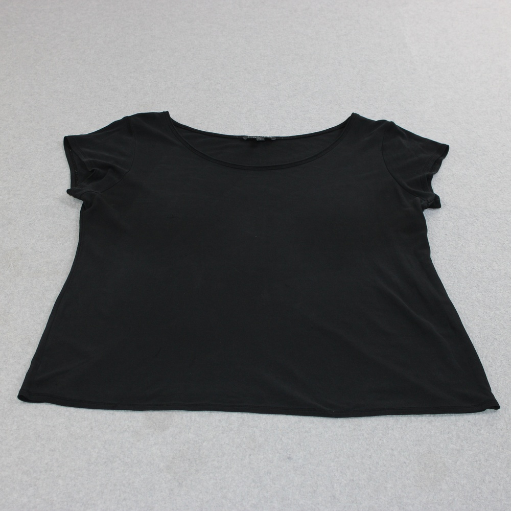 Eileen Fisher Silk Shirt Women Large Black Scoop Neck Short Sleeve Basic READ